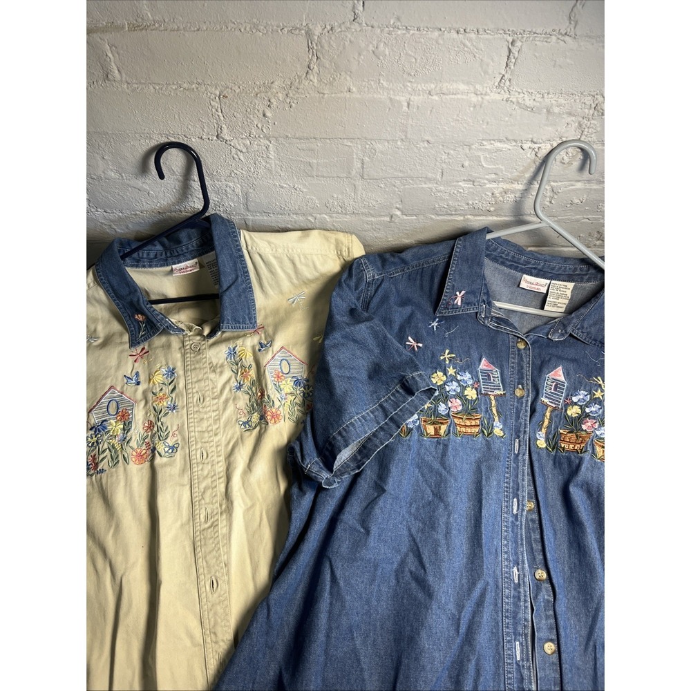 VTG‎ Bobbie Brooks Embroidered Denim Shirts Women's Garden Burdhouses 90s Cotton